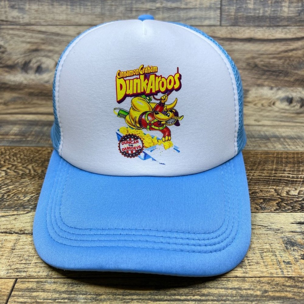 Retro Dunkaroos Mens Trucker Hat Blue Snapback 90s Vintage Snack Baseball Cap - Picture 2 of 8